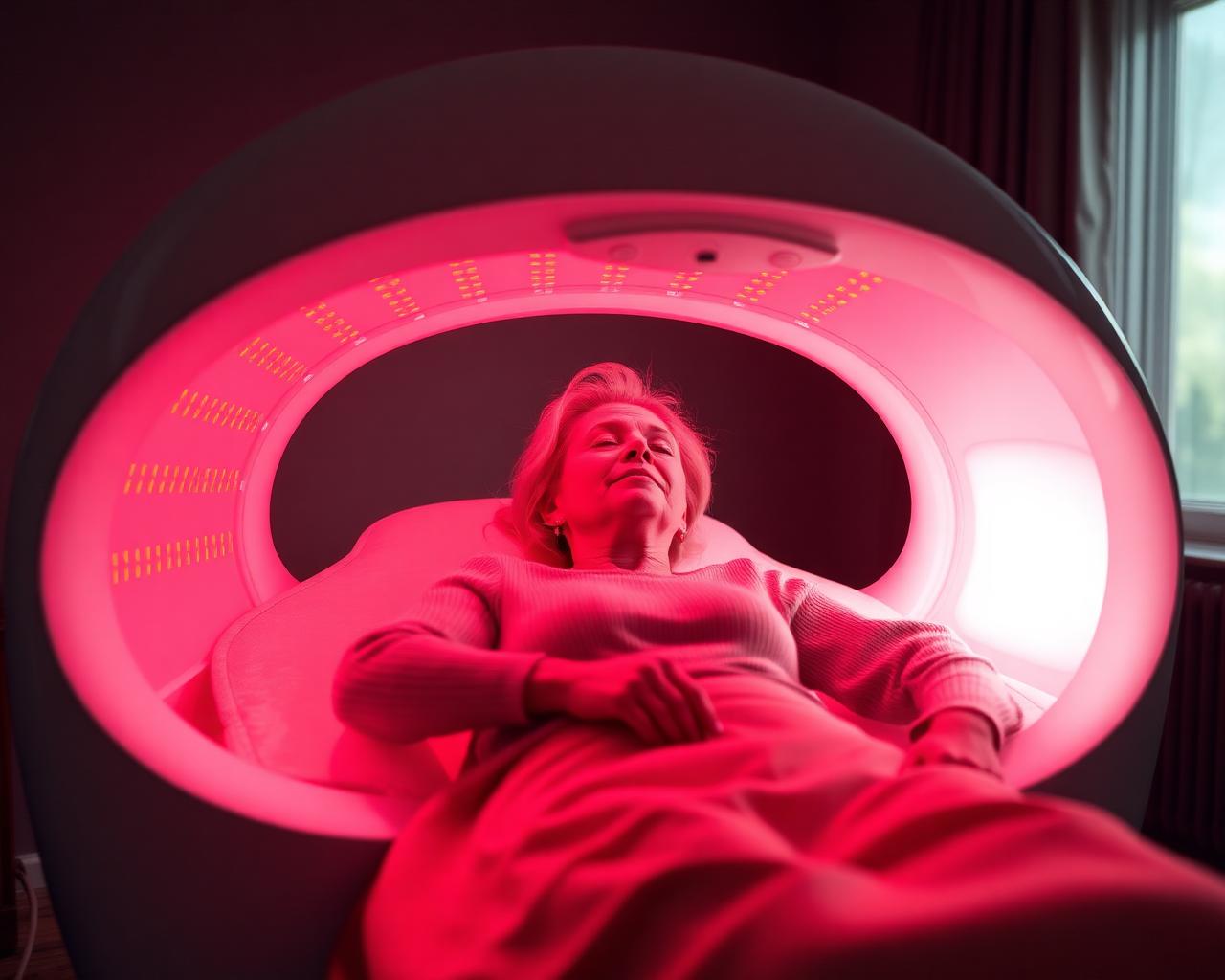 A woman resting comfortably inside the Prism Light Pod, bathed in warm red light
